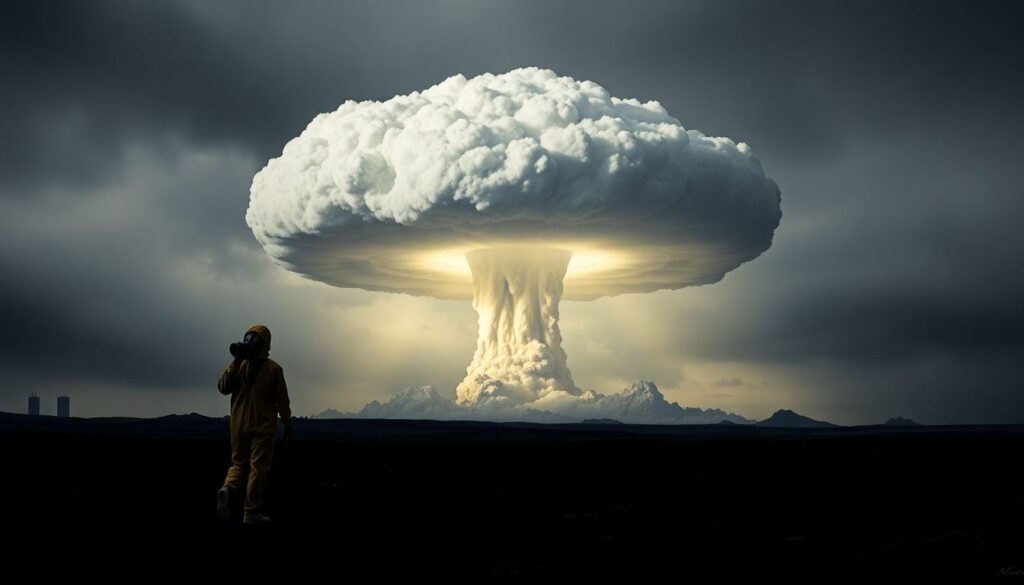 A stark image of a mushroom cloud rising over a war-torn landscape, with a lone figure in a gas mask and hazmat suit looking on, symbolizing the grim reality of a nuclear conflict and the importance of preparedness.