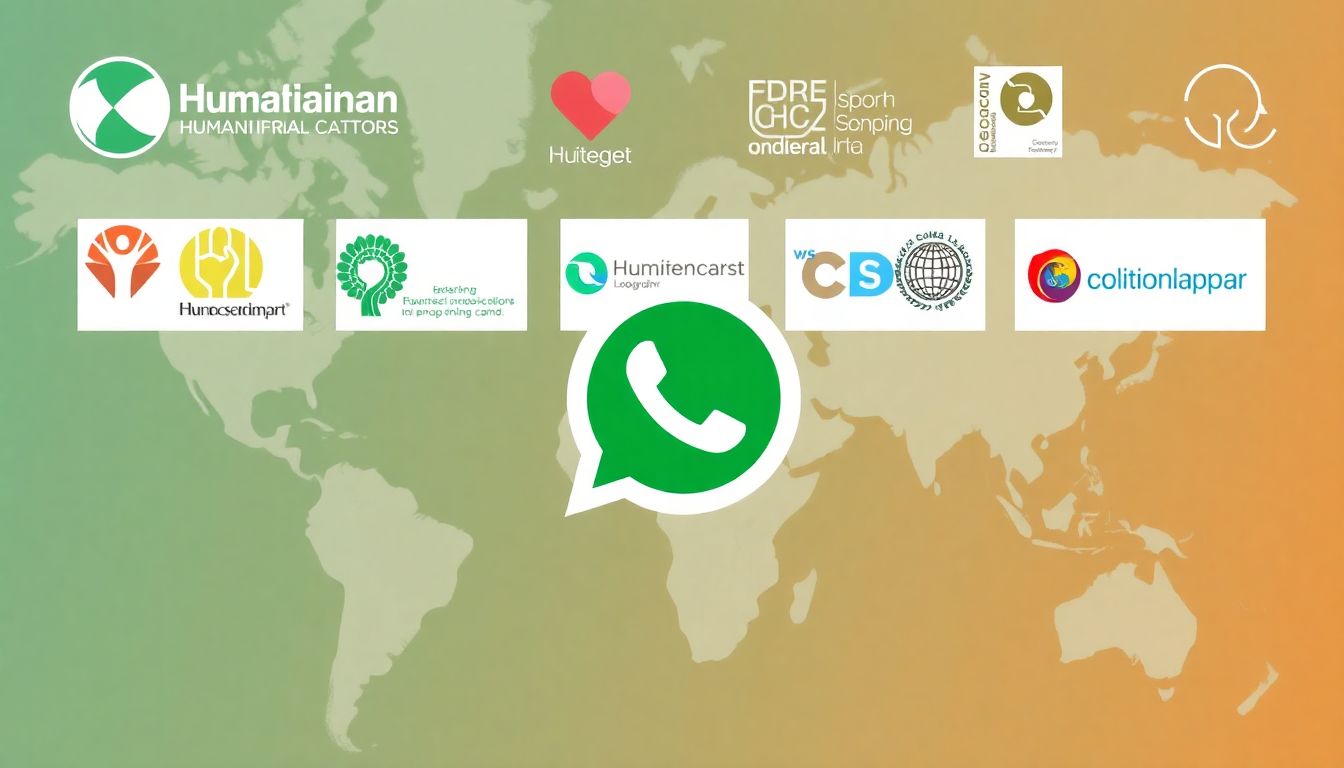 A graphic showing various humanitarian organizations' logos and WhatsApp's logo, with a map of global conflict zones in the background.