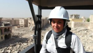 A photo of Fidaa Maksour, the White Helmets dispatcher, on duty, with a backdrop of the earthquake-ravaged northwestern region of Syria.