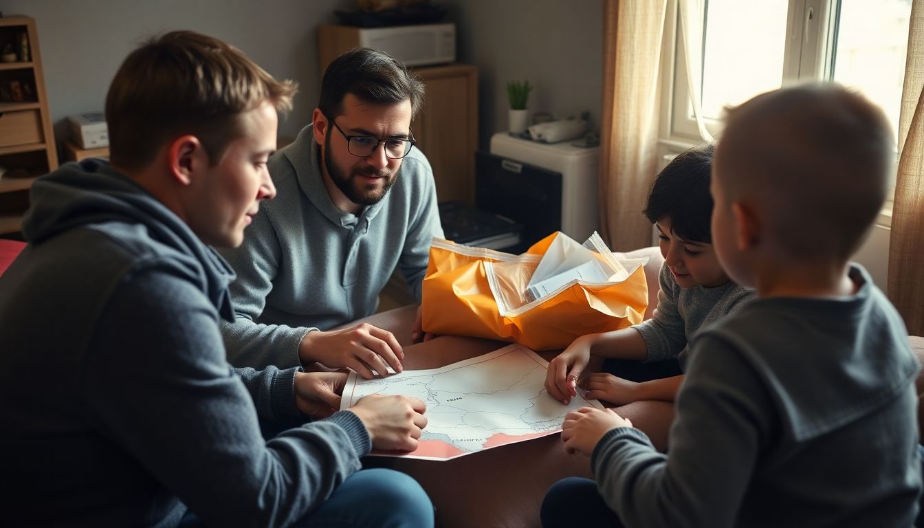 A family preparing an emergency kit with essential supplies, looking at a map of Syria