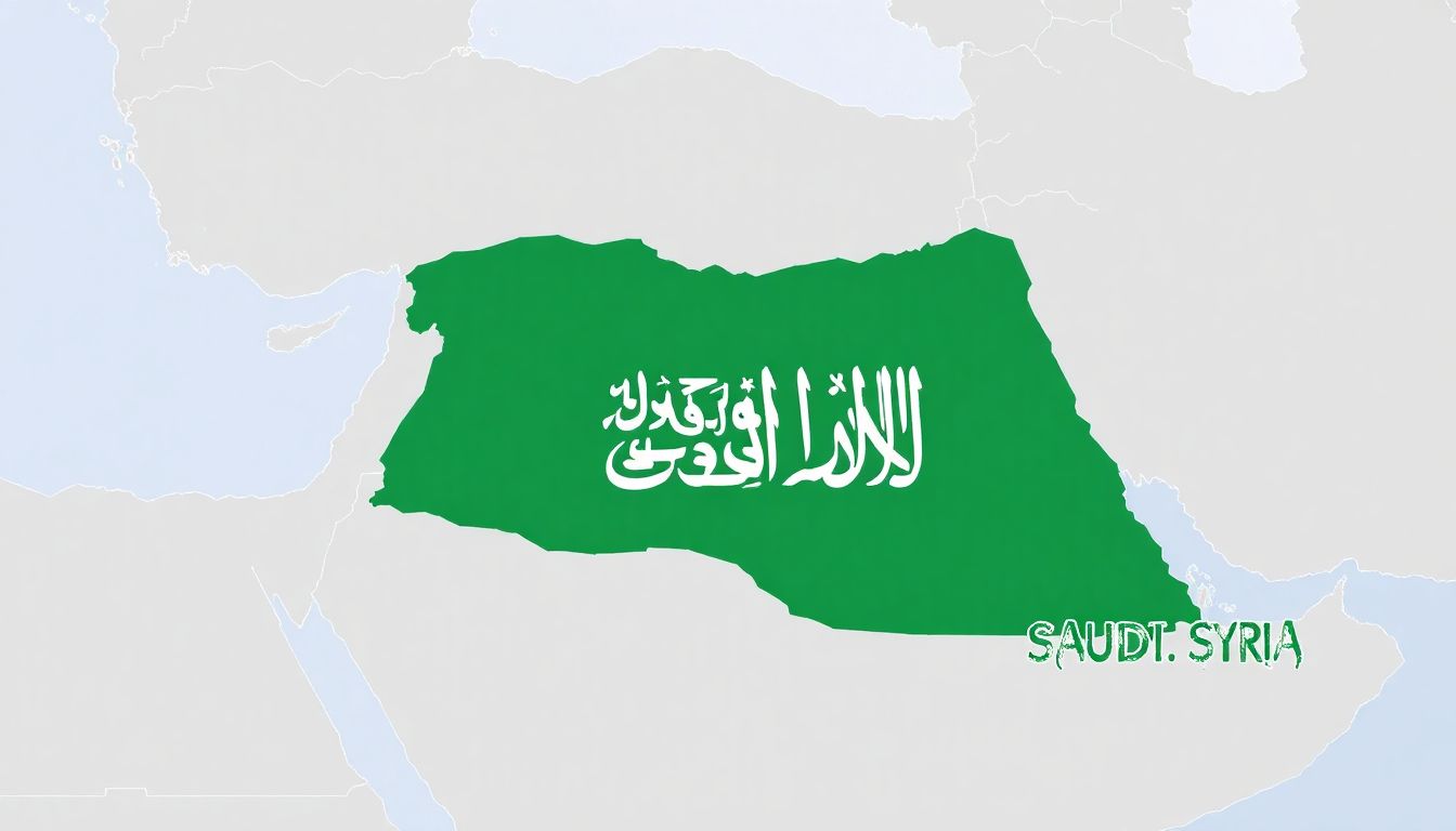 A map of the Middle East highlighting Saudi Arabia and Syria, with a concerned Saudi Arabian flag