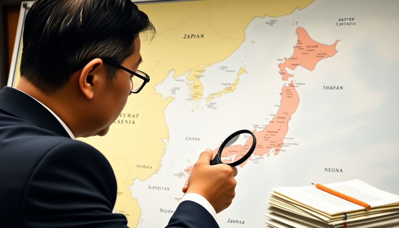 A Japanese official studying a map of Northeast Asia, with a magnifying glass and a stack of documents nearby