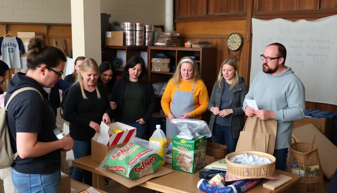 A diverse group of people engaged in various preparedness activities, such as stockpiling supplies, learning new skills, and discussing emergency plans