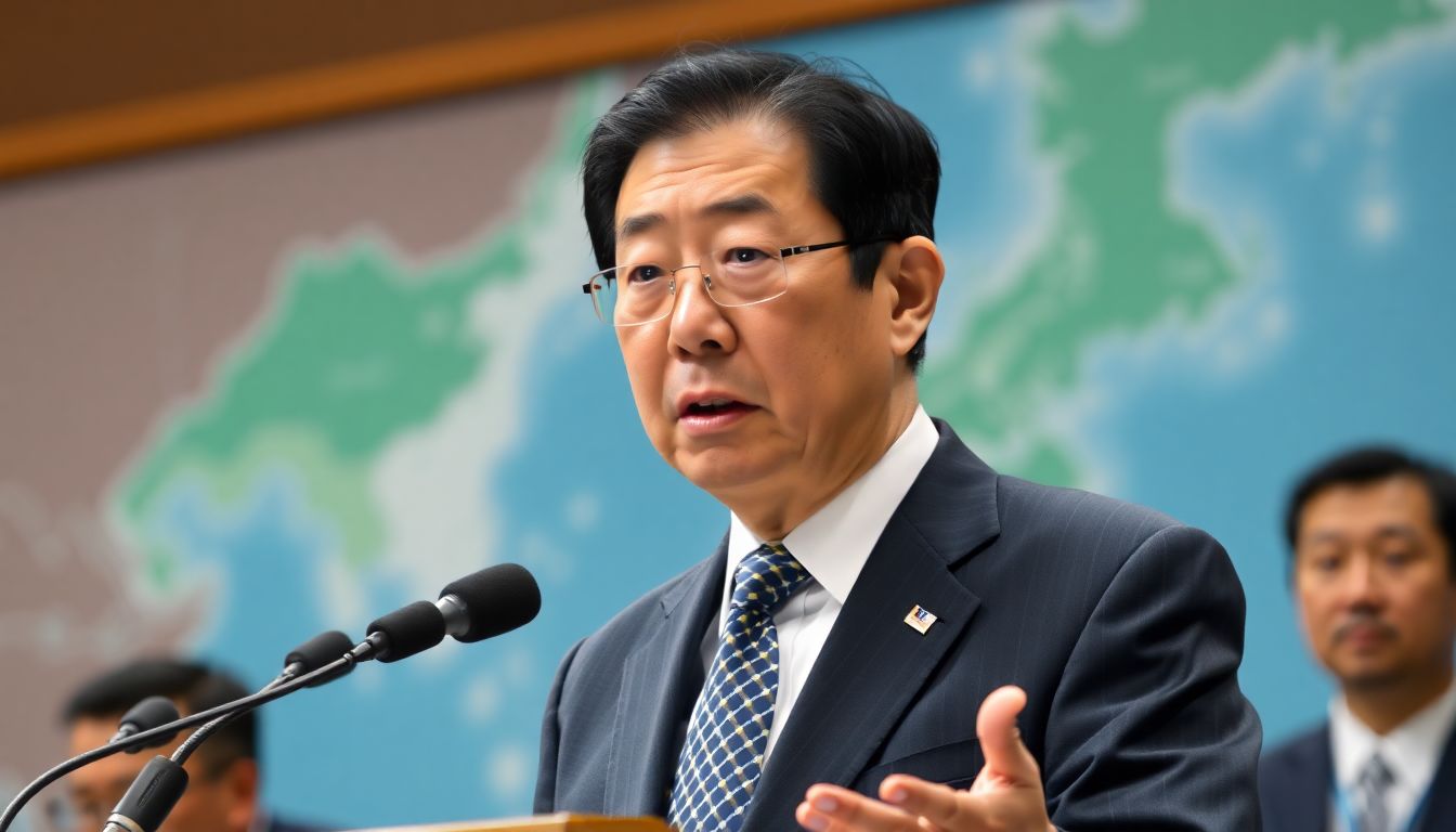 A concerned-looking Prime Minister Ishiba addressing parliament, with a map of Northeast Asia visible in the background