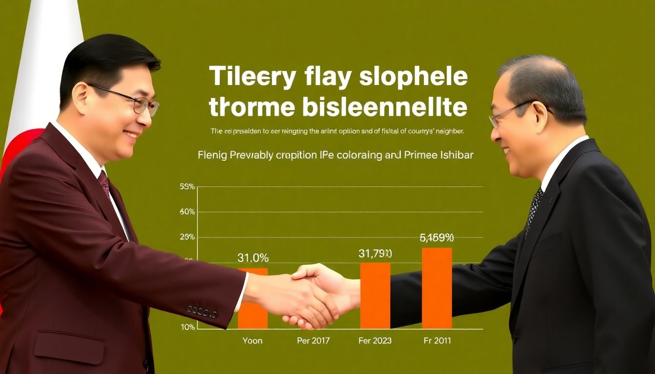 A friendly handshake between President Yoon and Prime Minister Ishiba, with a graph showing rising favorable opinions of each country's neighbor