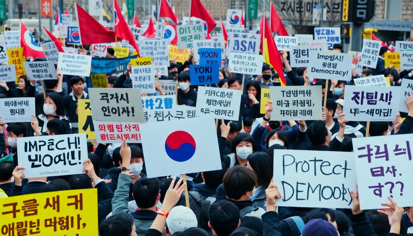 A chaotic scene of South Korean protesters holding signs with slogans like 'Impeach Yoon' and 'Protect Democracy'