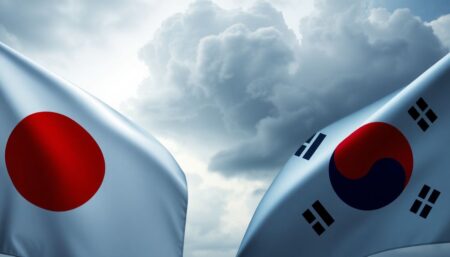 A tense image of the Japanese and South Korean flags side by side, with a storm cloud looming in the background, symbolizing the uncertain future of their relations.