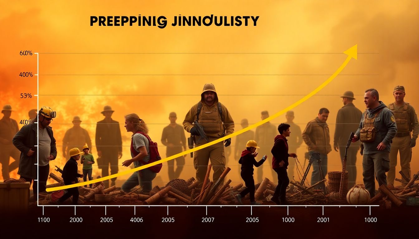 A graph showing the growth of the prepping industry, with a background of people from different walks of life engaged in prepping activities