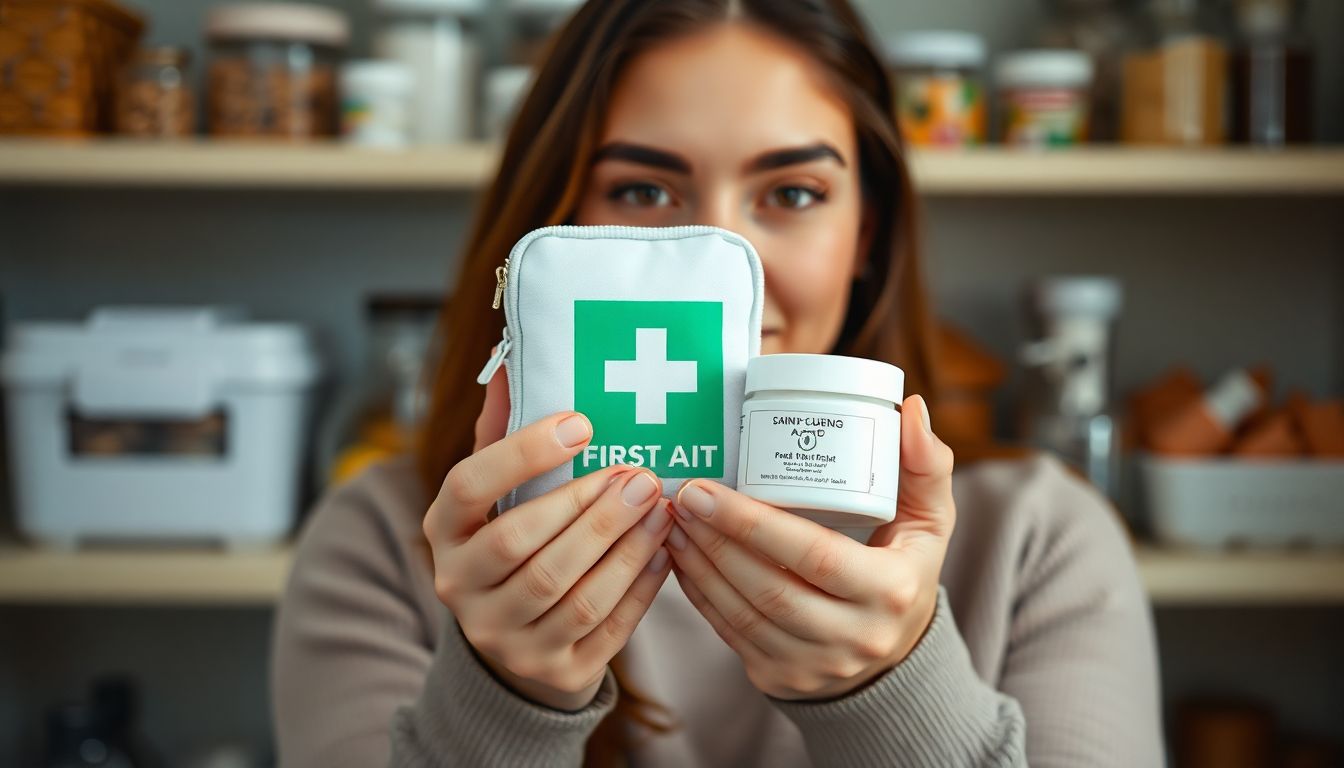 A person's hands holding a first aid kit and a jar of moisturizer, with a blurred background of a well-organized pantry and a calm, focused expression on their face