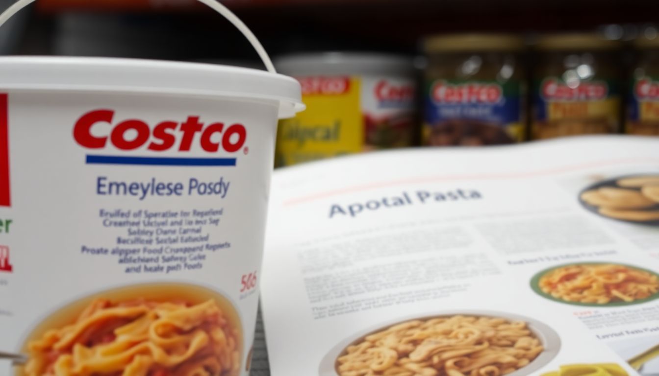 A close-up of a Costco emergency food bucket, with a blurred background of the catalog open to the 'Apocalypse Pasta' page