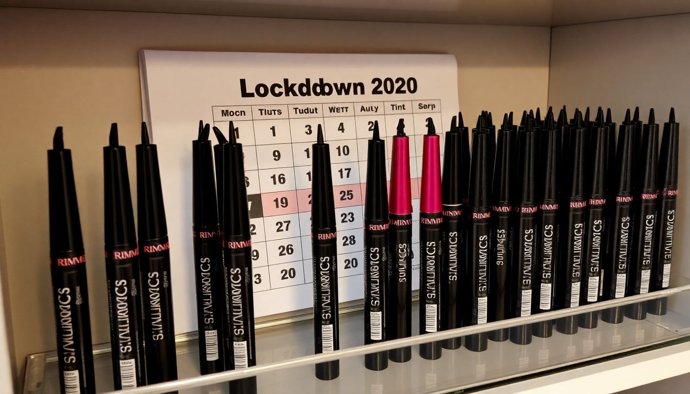 A shelf filled with Rimmel eyeliner bottles, with a calendar page turned to 'Lockdown 2020' in the background