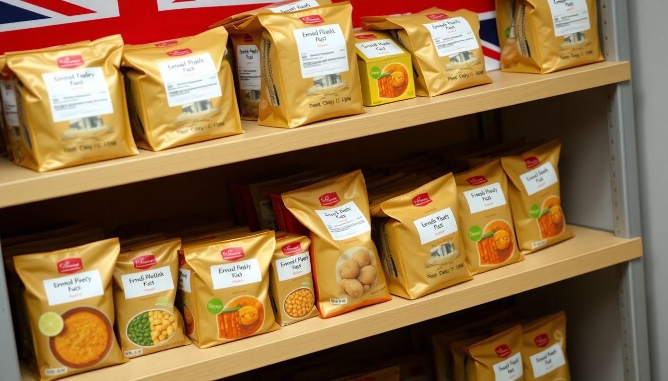 A shelf filled with emergency food kits, with a Union Jack flag in the background