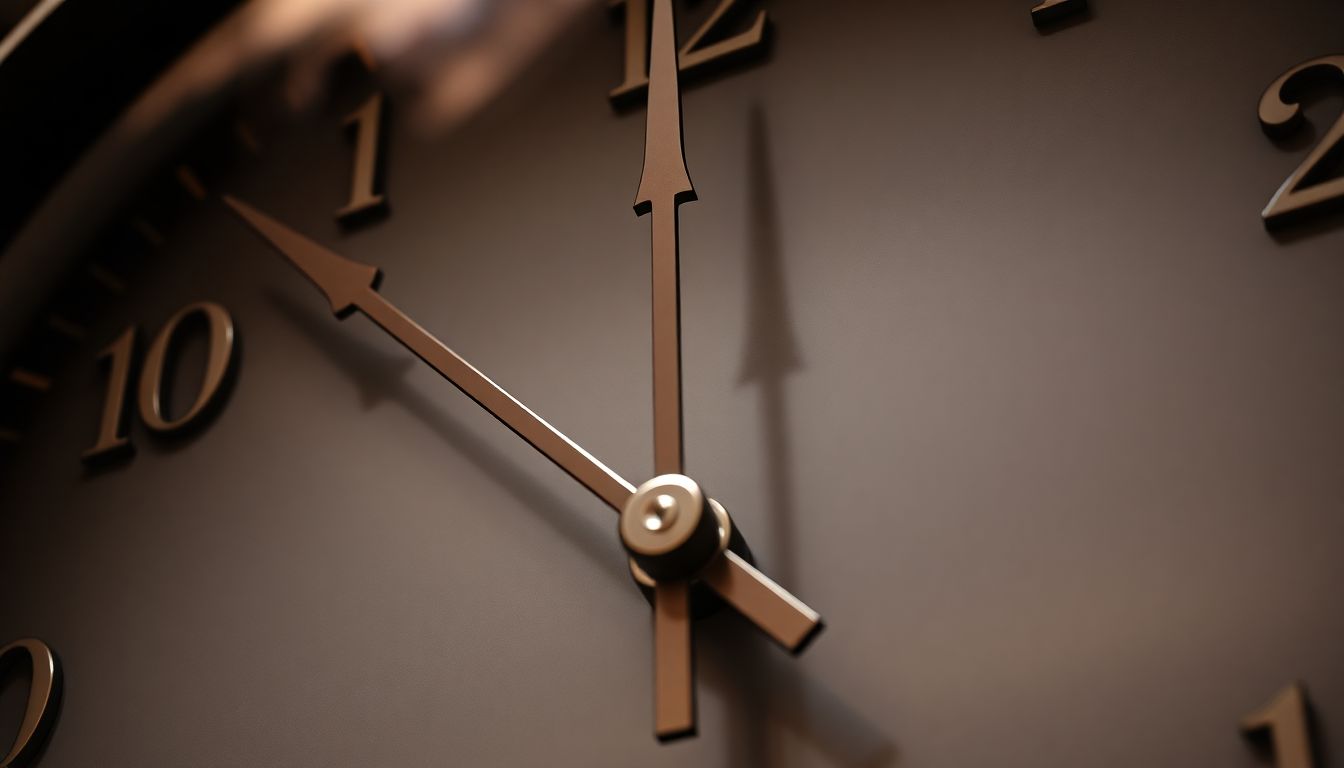 A close-up of the Doomsday Clock hands, with the time set at 90 seconds to midnight