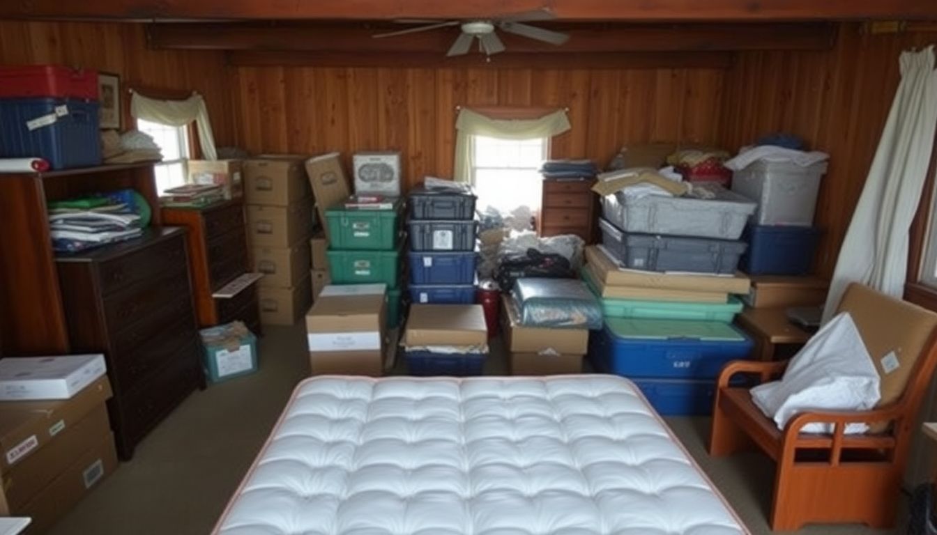 A room at Fortitude Ranch filled with emergency supplies, with a bare mattress and stacked furniture in the foreground