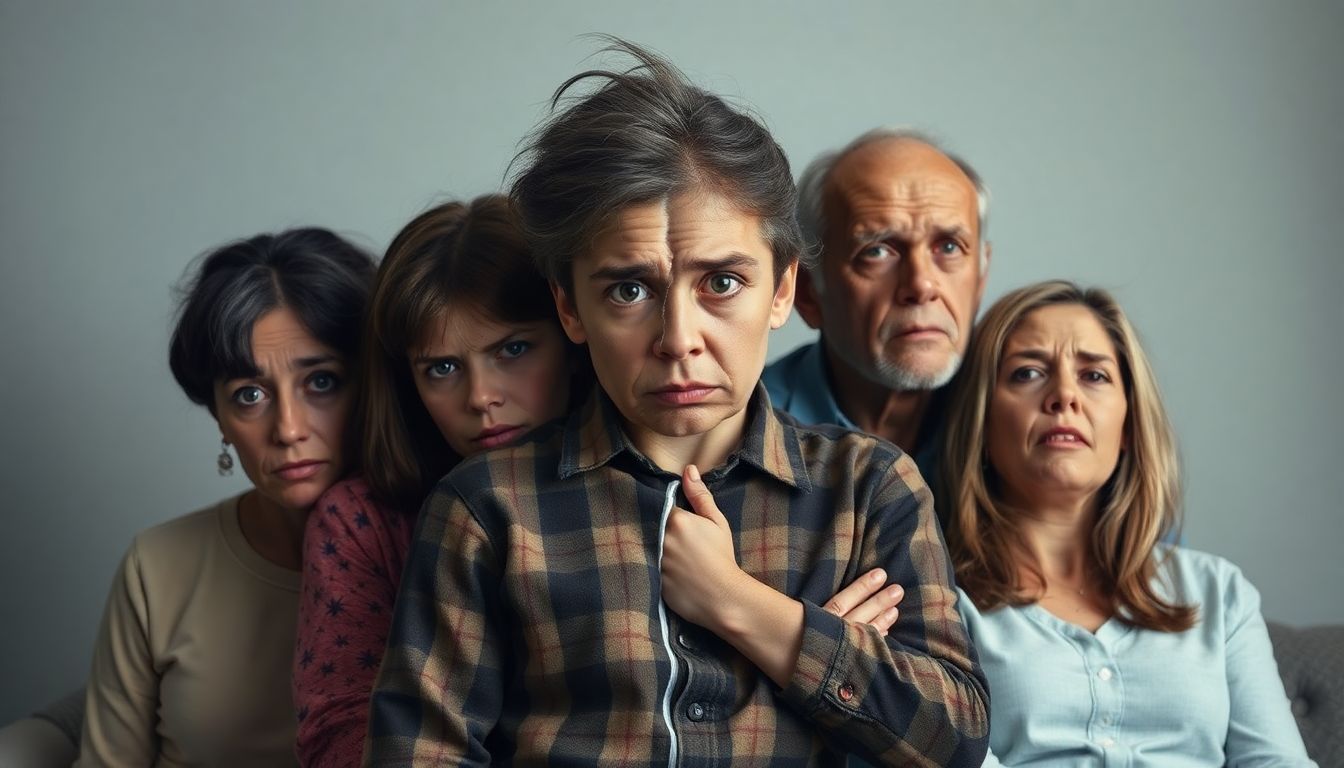 A divided family, with members looking distraught and confused, symbolizing the scandal that has torn them apart