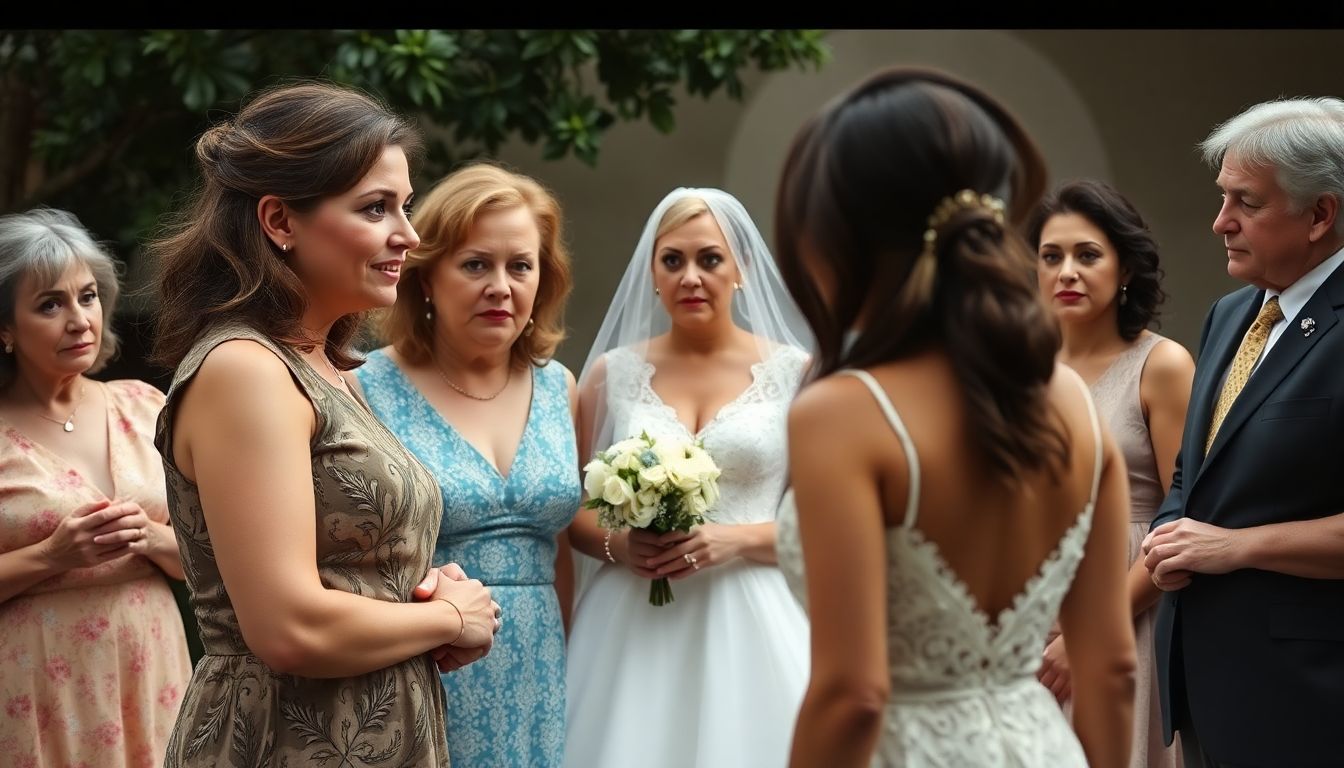 A woman standing defiantly, with her mother by her side, confronting a shocked bride-to-be and her family