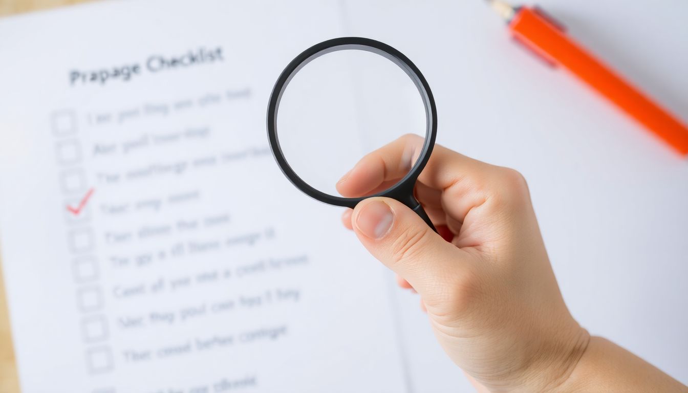 A person holding a magnifying glass, symbolizing investigation and preparation, with a checklist in the background