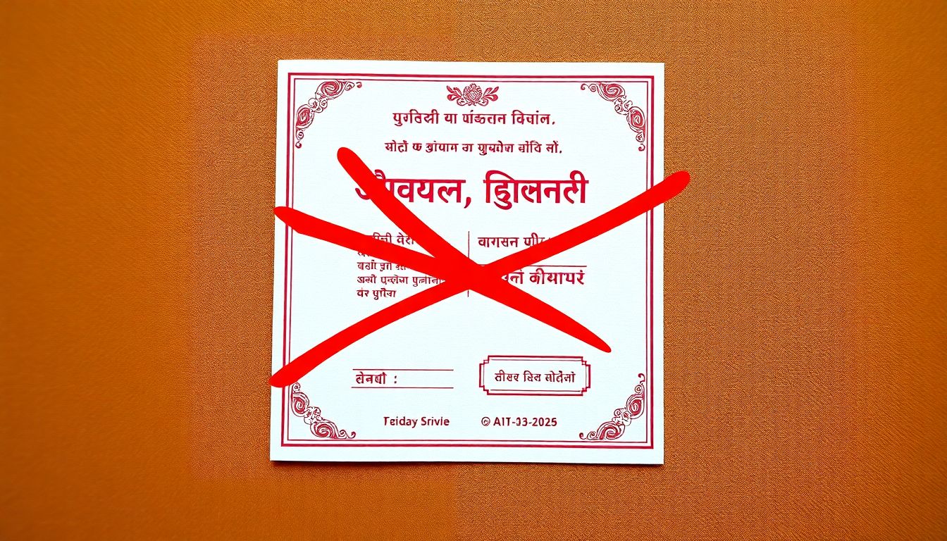 A traditional Indian wedding invitation with a red 'X' crossed over it, symbolizing the cancellation of the wedding