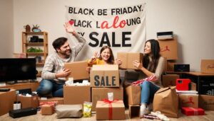 A dynamic image of a family excitedly unboxing their Black Friday and Cyber Monday purchases, surrounded by discounted electronics, home goods, and other items, with a 'Sale' banner in the background.