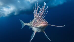 A close-up of an Oarfish swimming in the deep blue sea, with a looming storm cloud in the background, symbolizing the mystery and potential danger associated with this creature.