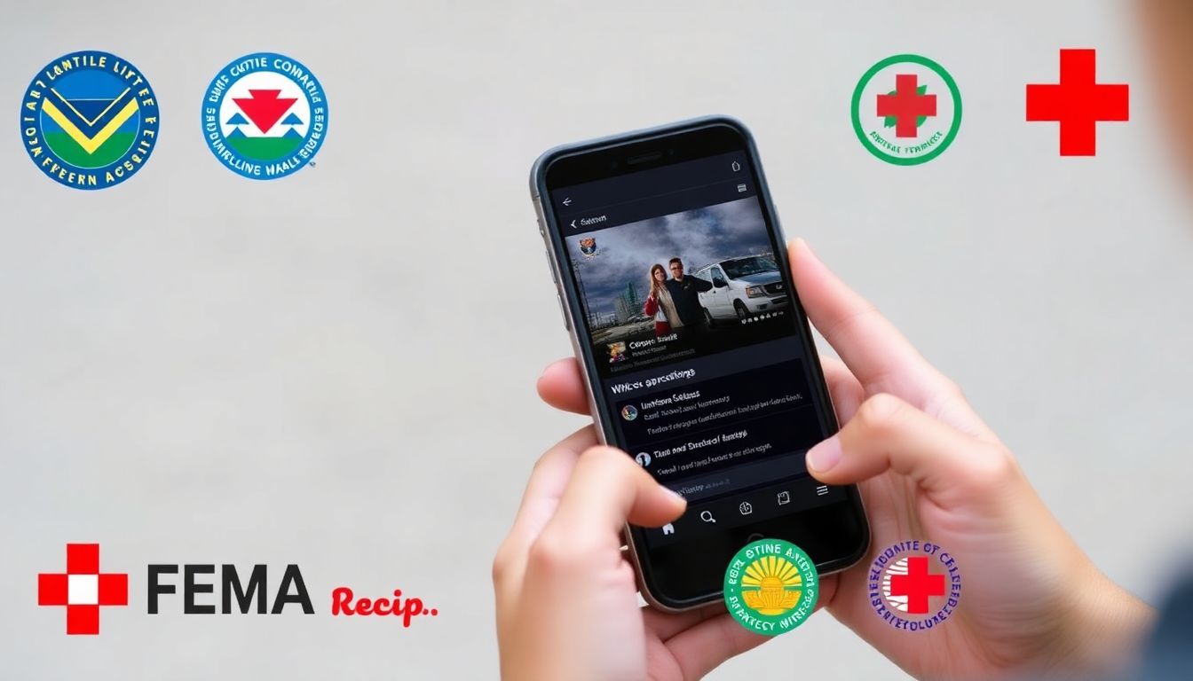 A person checking their phone for updates on an emergency situation, with official logos like FEMA, Red Cross, or local emergency management agencies visible.