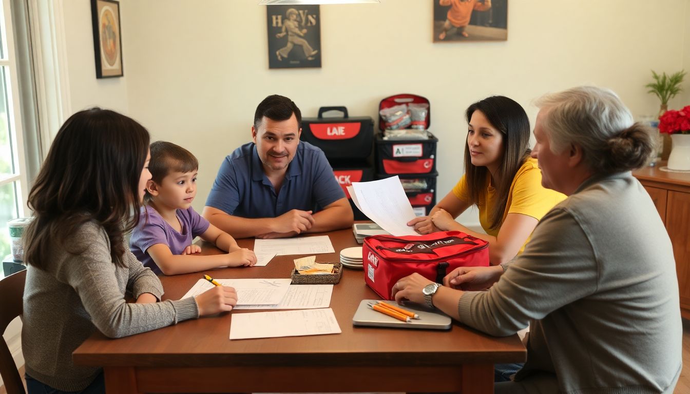 A family gathering around a table to discuss their emergency plan, with an emergency kit visible in the background.