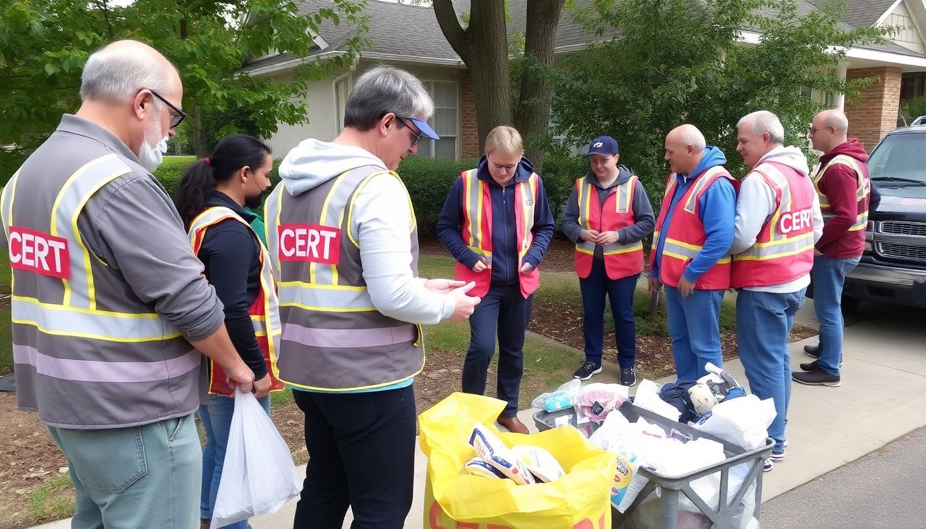 Neighbors helping each other prepare for an emergency, with CERT vests and other preparation materials visible.