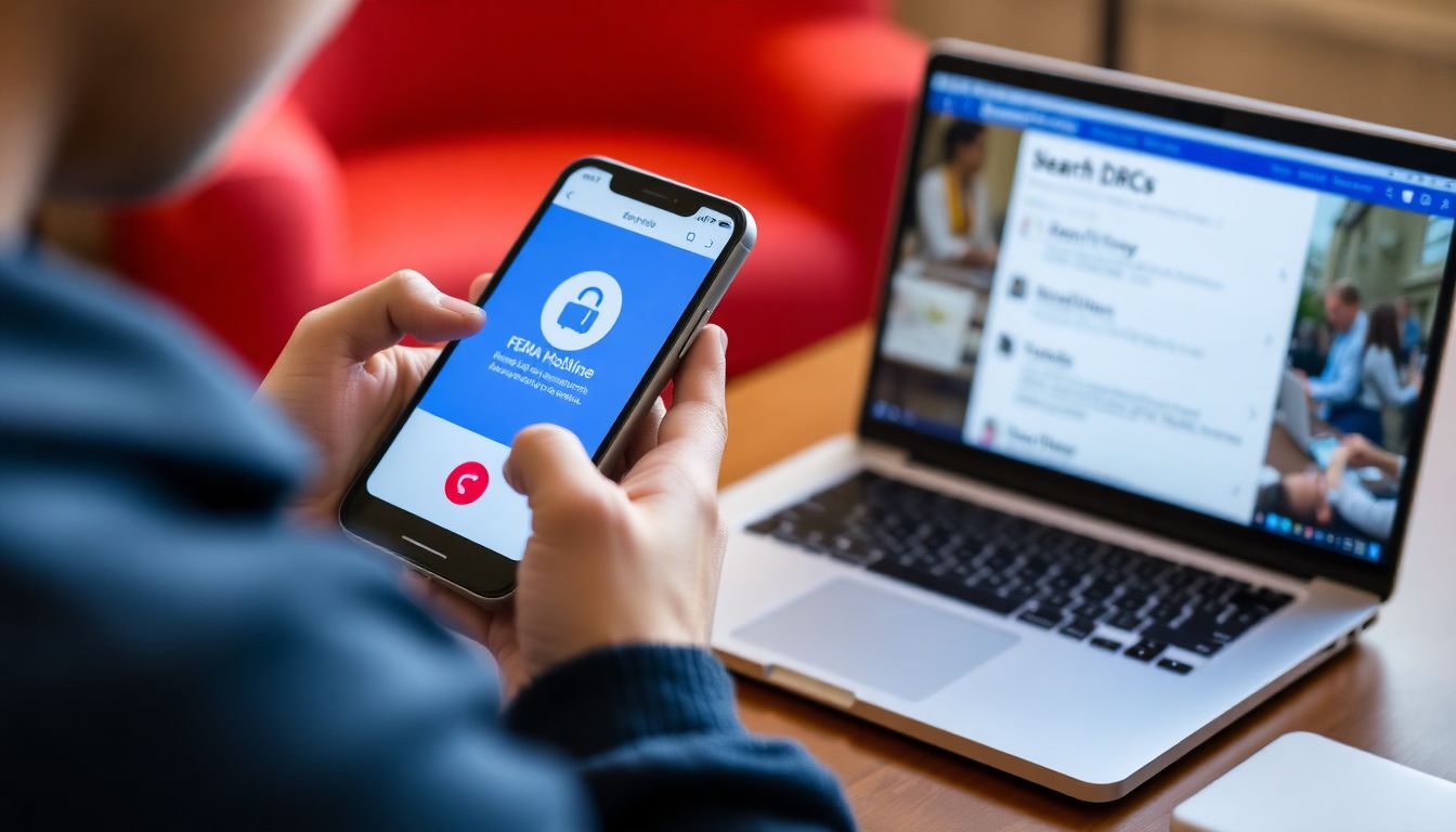 A person using a smartphone to call the FEMA Helpline or search for nearby DRCs on a laptop.