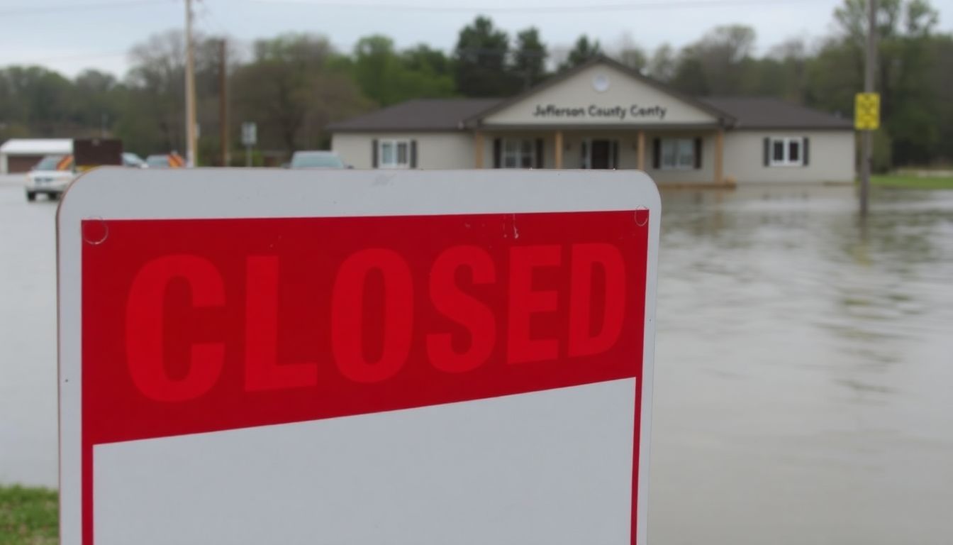 An image of a 'Closed' sign in front of the Jefferson County DRC with floodwaters visible in the background.