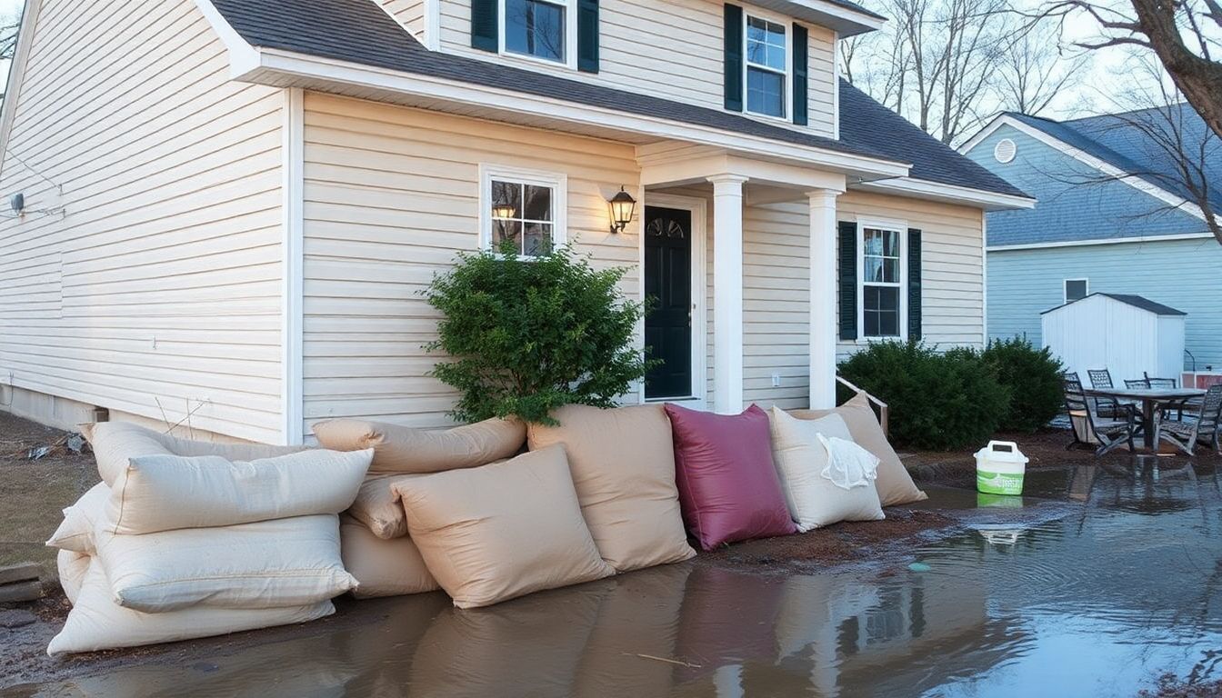 A home with sandbags in front of it and other flood preparation measures visible.