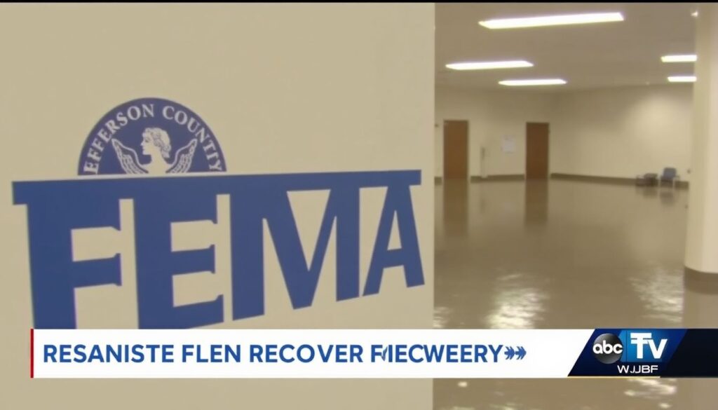 A photo of the flooded Jefferson County Disaster Recovery Center with the FEMA logo prominently visible, and the WJBF-TV logo in the corner.