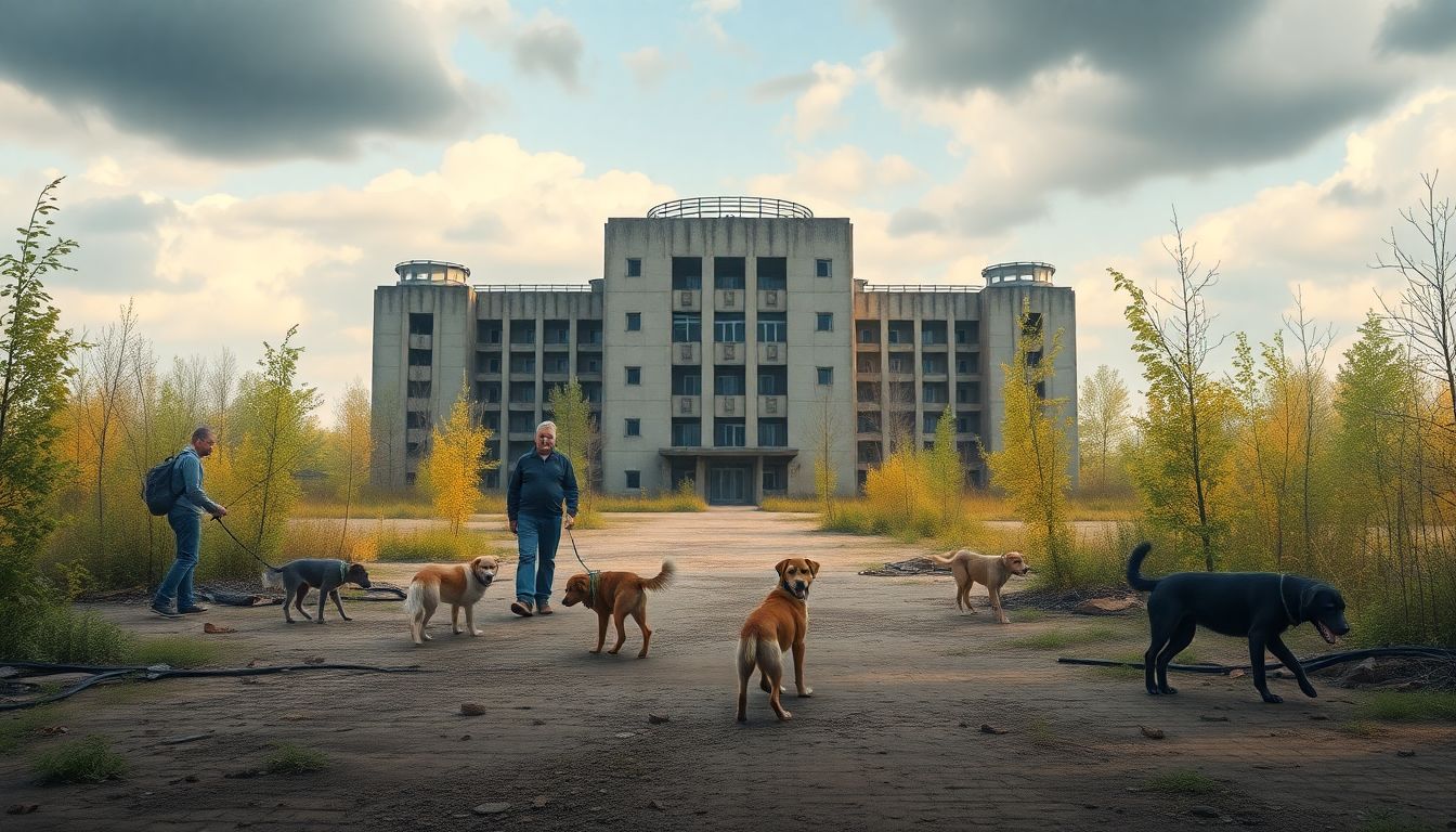 A rendering of a rehabilitated Chernobyl, with humans and dogs coexisting peacefully in a once-contaminated, now-thriving environment