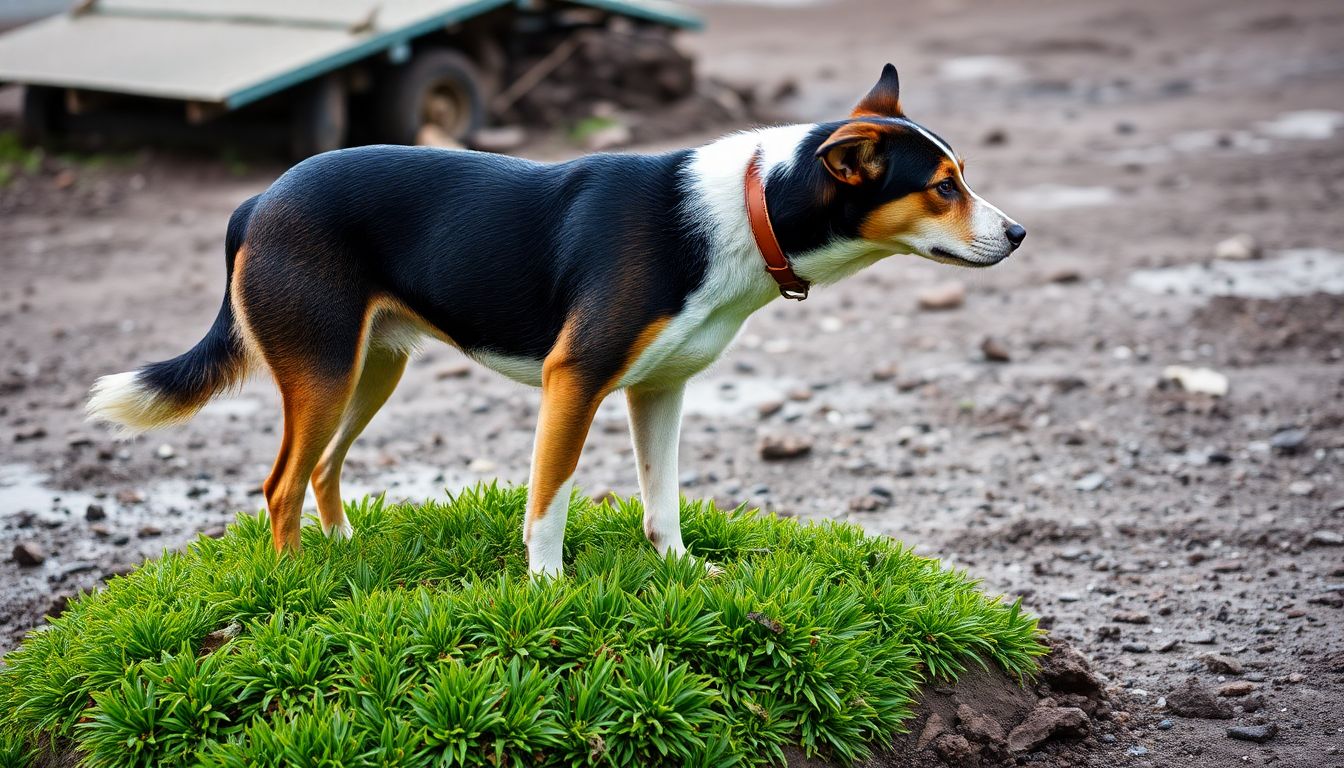 A dog standing on a contaminated, yet lush, patch of grass in the CEZ, symbolizing its resilience and adaptation