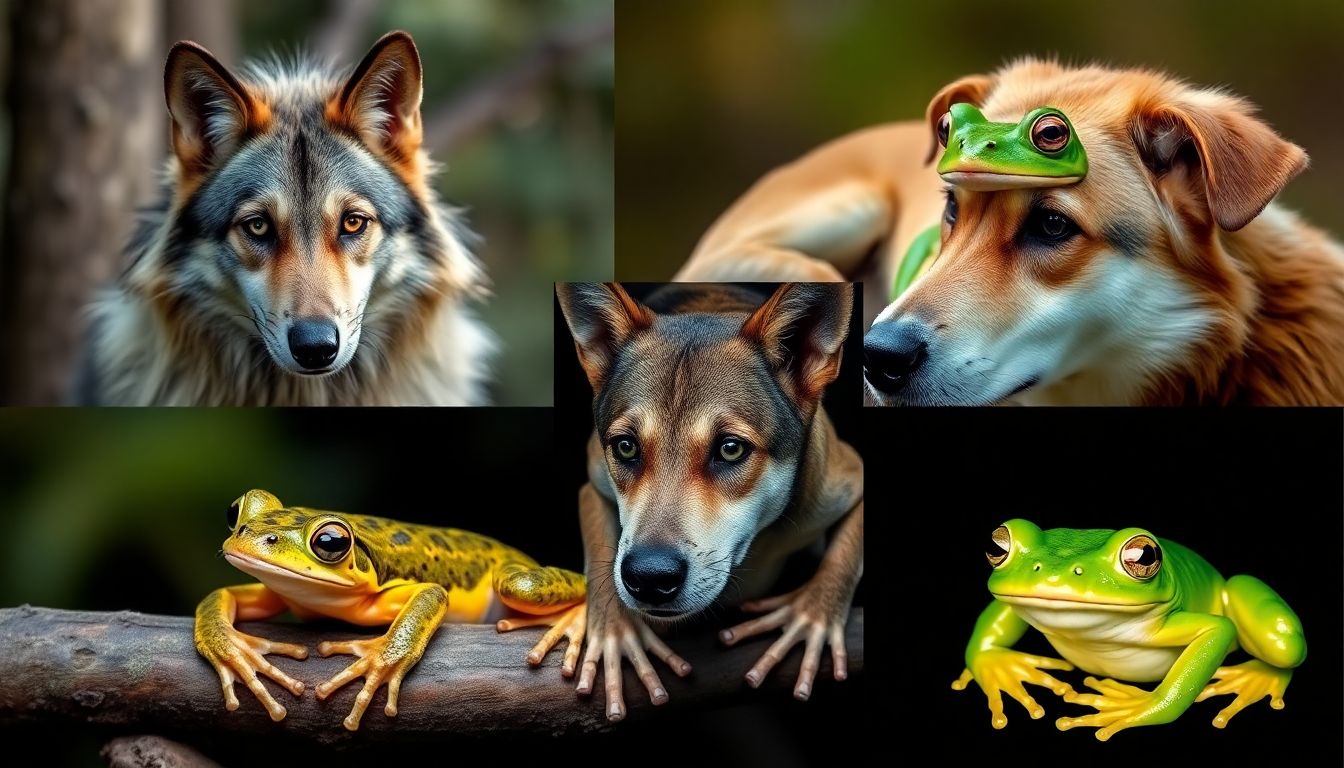 A collage of images featuring the mutant wolves and Eastern tree frogs, alongside the stray dogs, emphasizing their shared resilience