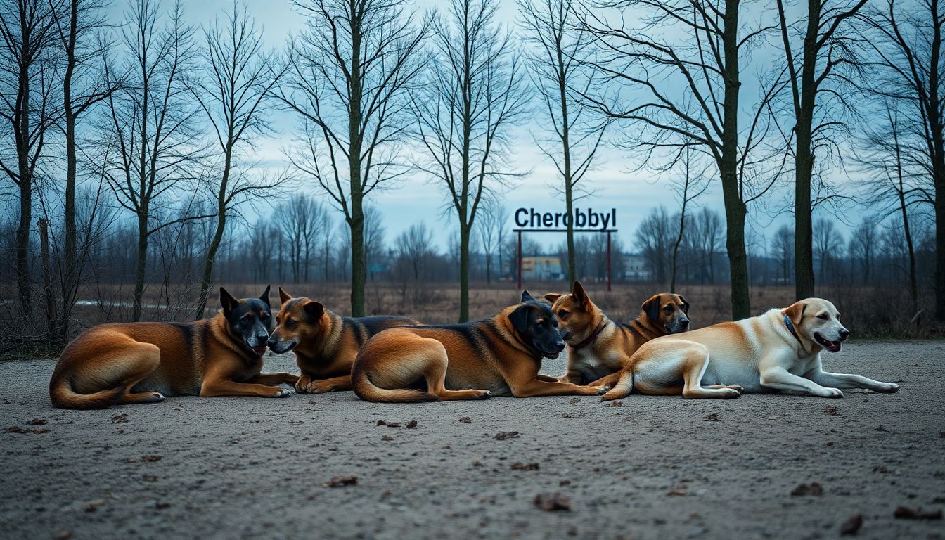 A group of stray dogs resting near the Chernobyl Nuclear Power Plant, with the iconic 'Chernobyl' sign visible in the background