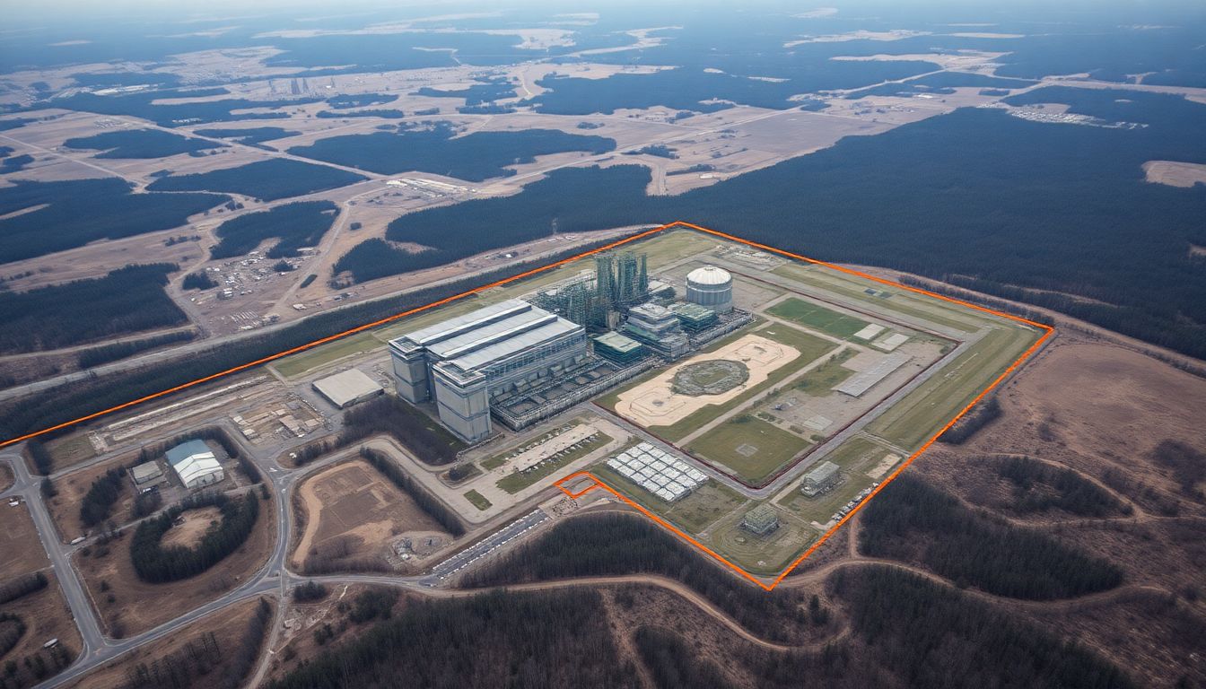 An aerial view of the Chernobyl Nuclear Power Plant with the exclusion zone marked out, showing the vast, uninhabited area