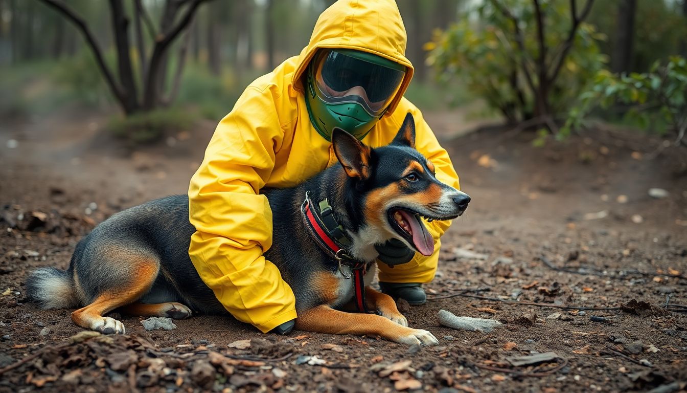 A person in a hazmat suit caring for a stray dog in the CEZ, symbolizing the potential for human intervention and learning from these unique canines