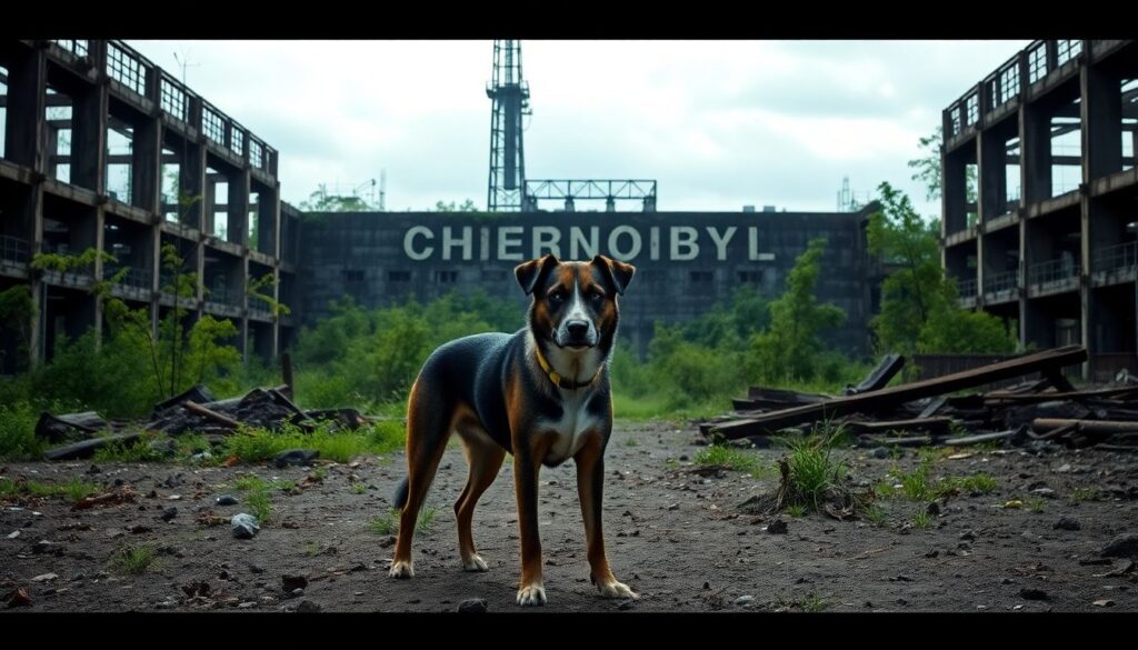 A striking image of a stray dog standing amidst the ruins of the Chernobyl Nuclear Power Plant, with the iconic 'Chernobyl' sign in the background, and a hint of the lush, yet contaminated, landscape surrounding it.