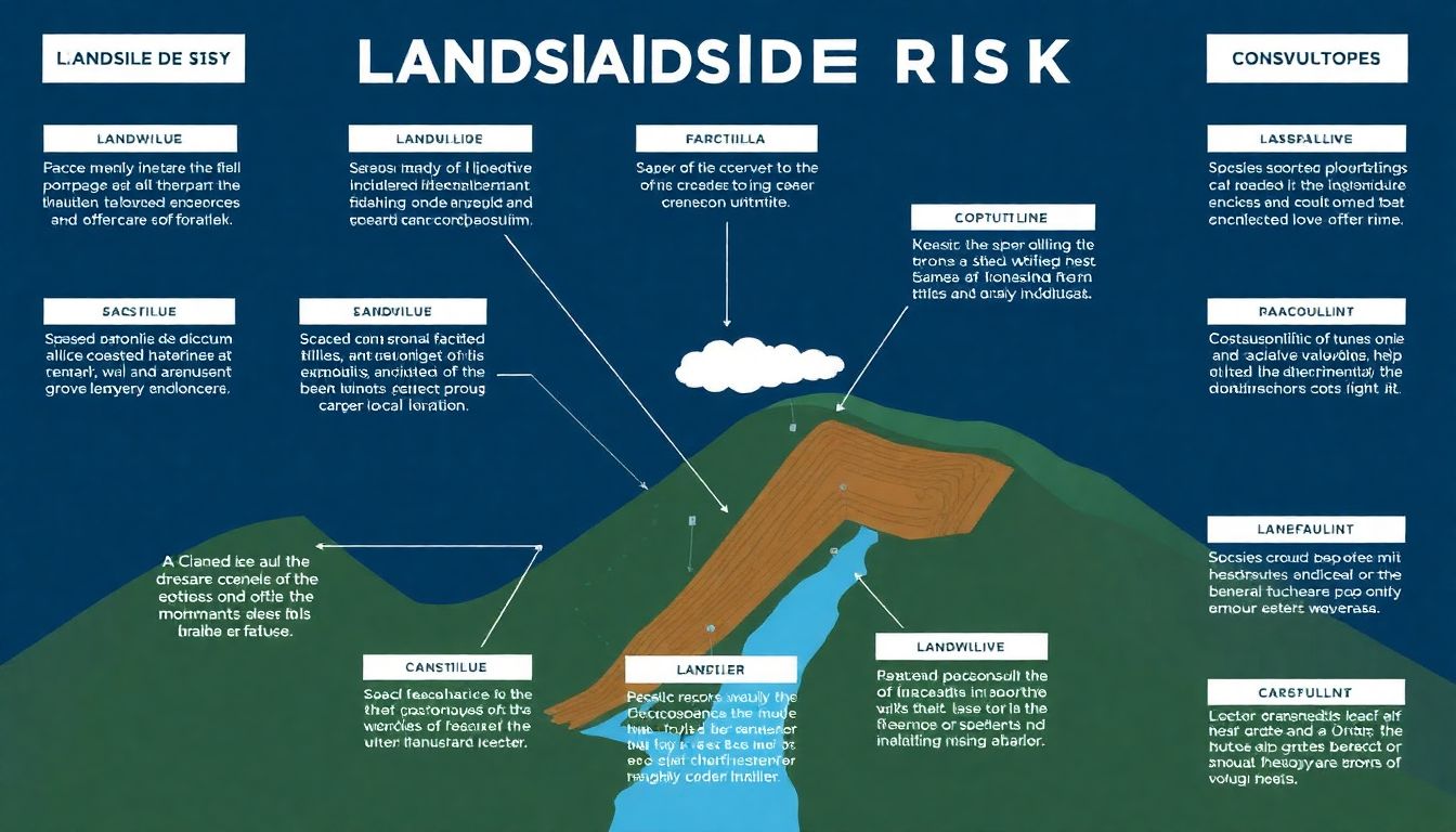 An infographic illustrating the various factors that contribute to landslide risk, with clear explanations for each.