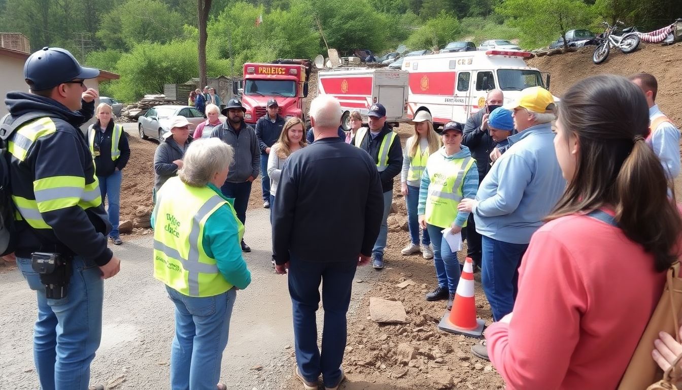 A photo of a community participating in a landslide drill, with emergency services and local officials present.