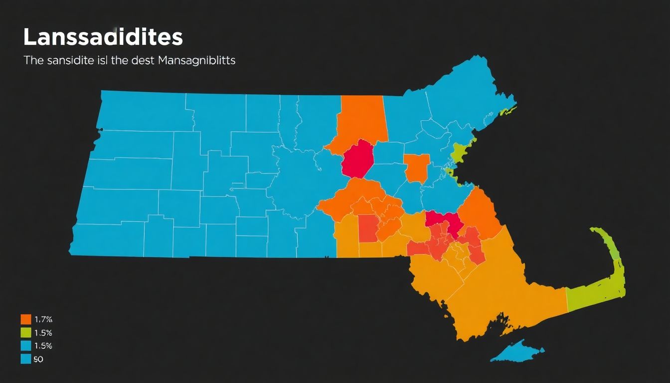 A map of Massachusetts with counties colored according to their landslide susceptibility, with the most vulnerable counties in dark shades.