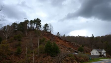 A dramatic image of a landslide in Massachusetts, with trees and debris cascading down a hill, and a road or house in the foreground, partially obscured by the slide. The sky should be dark and stormy, reflecting the dangerous conditions that trigger such events.