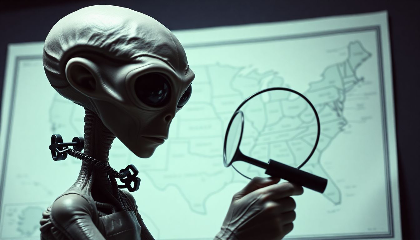 An alien with a magnifying glass, observing a political map of the United States