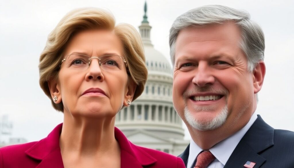 A stern-looking Elizabeth Warren standing beside a smiling John Fetterman, with the U.S. Capitol in the background, symbolizing the contrast in their views and the Democrats' internal struggle.