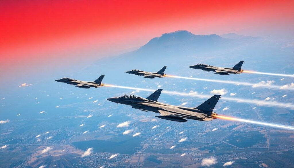 A dramatic aerial view of Israeli jets streaking across the sky, with the Golan Heights and Mt. Hermon in the background, and Syrian military assets exploding in the distance.