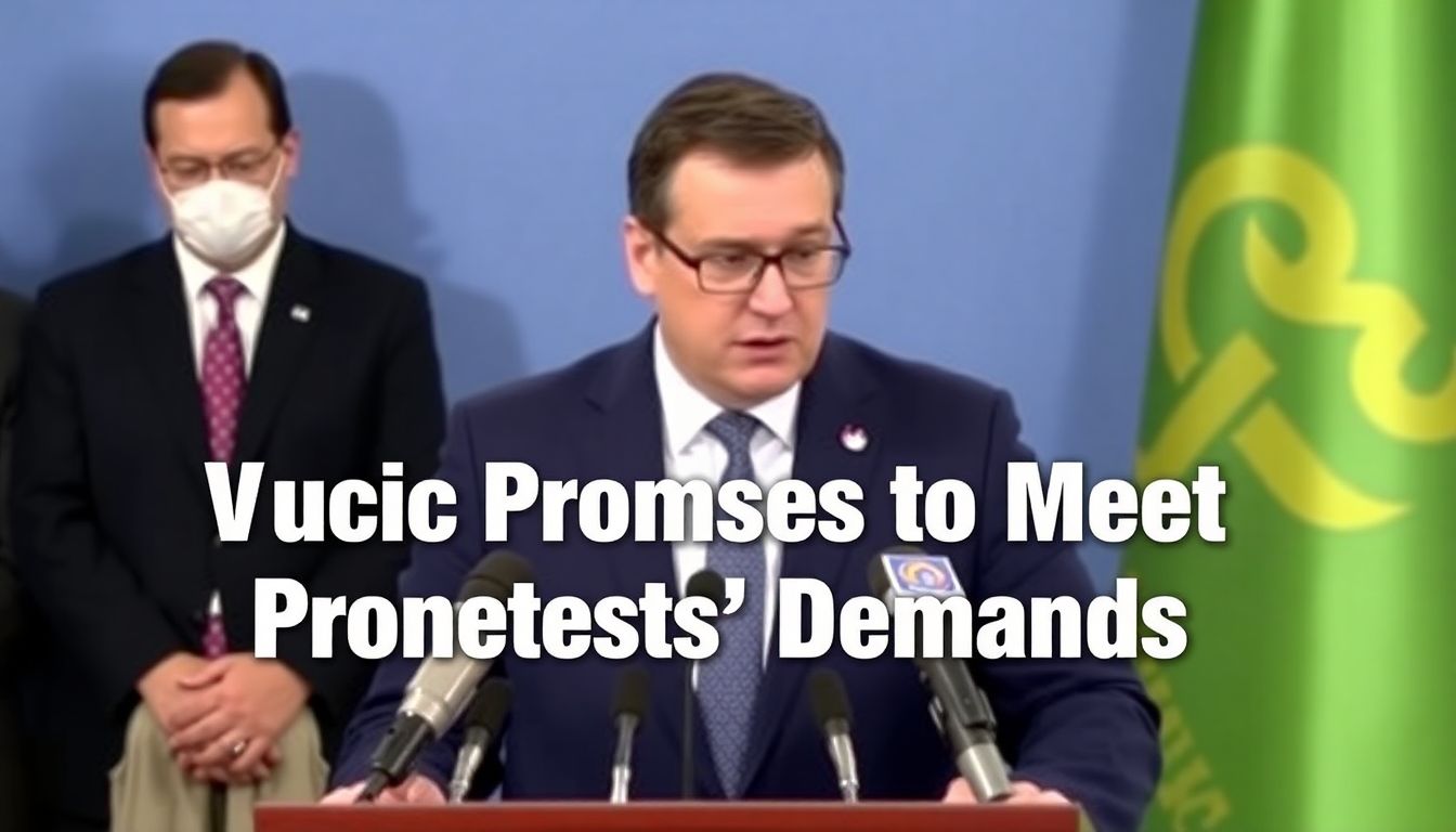 A screenshot of Vucic speaking at the press conference, with the words 'Vucic Promises to Meet Protesters' Demands' as a caption.