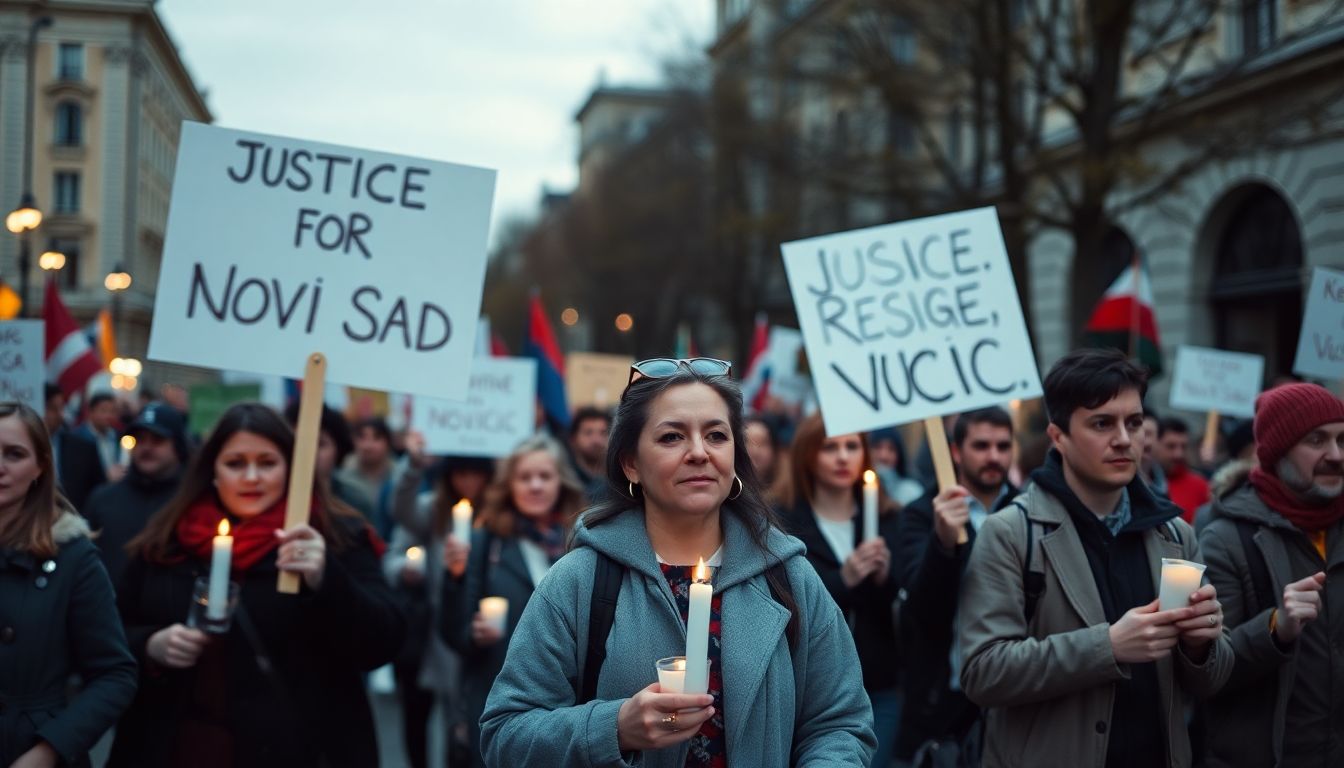 A photo of protesters marching in the streets of Belgrade, holding candles and signs with messages like 'Justice for Novi Sad' and 'Resign, Vucic'.