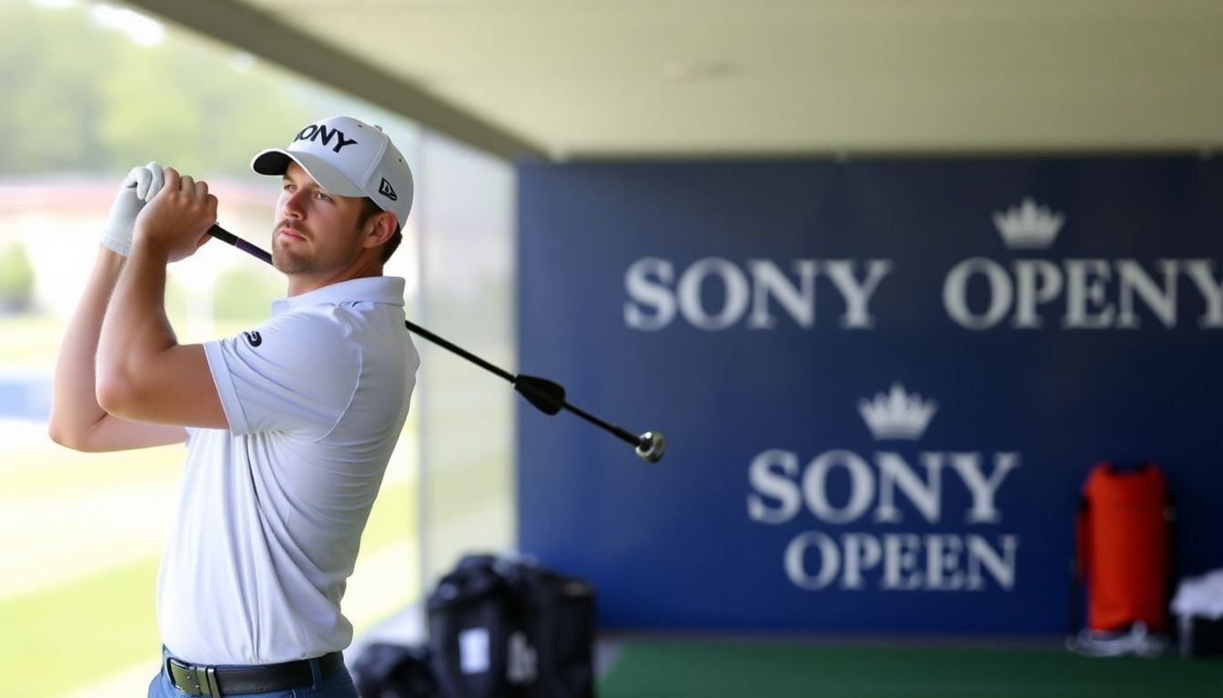 Jordan Spieth practicing at a driving range, with the Sony Open logo visible in the background