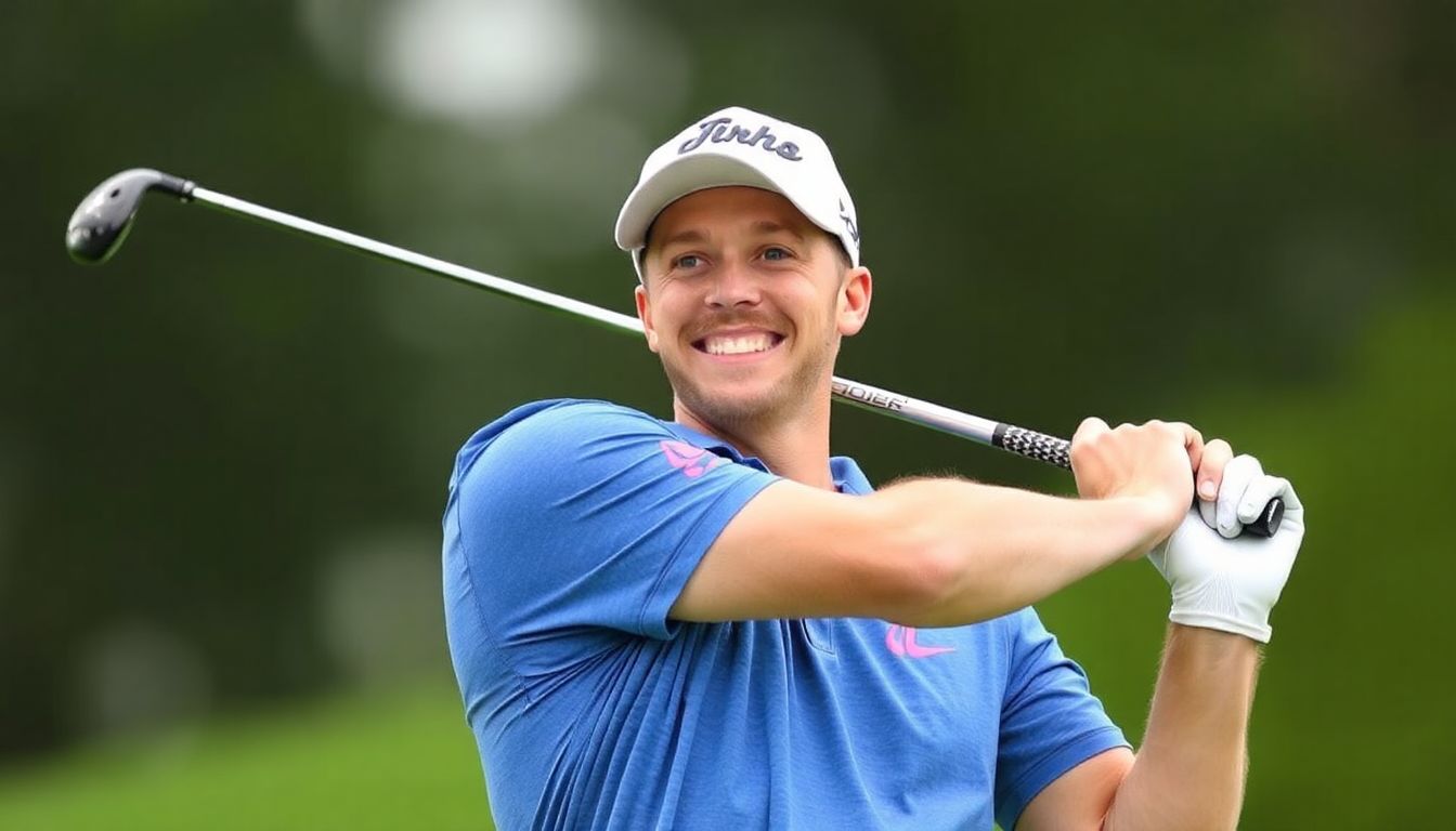 Jordan Spieth smiling on the golf course, hitting a shot with confidence