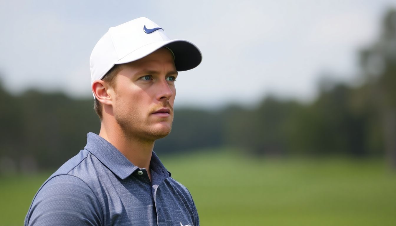 Jordan Spieth reflecting thoughtfully on the golf course, with a determined look on his face